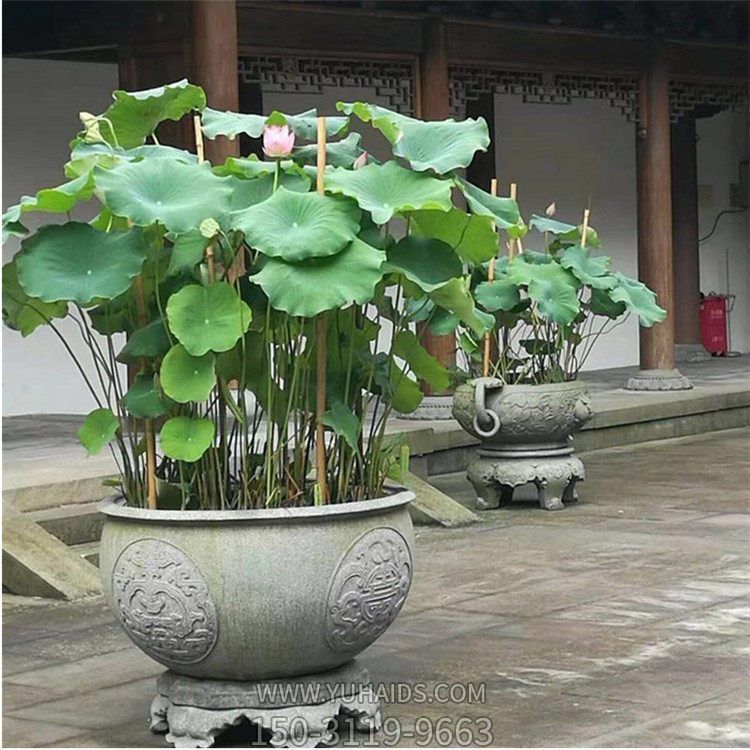 青石仿古做舊浮雕 景區室外荷花圓水缸雕塑