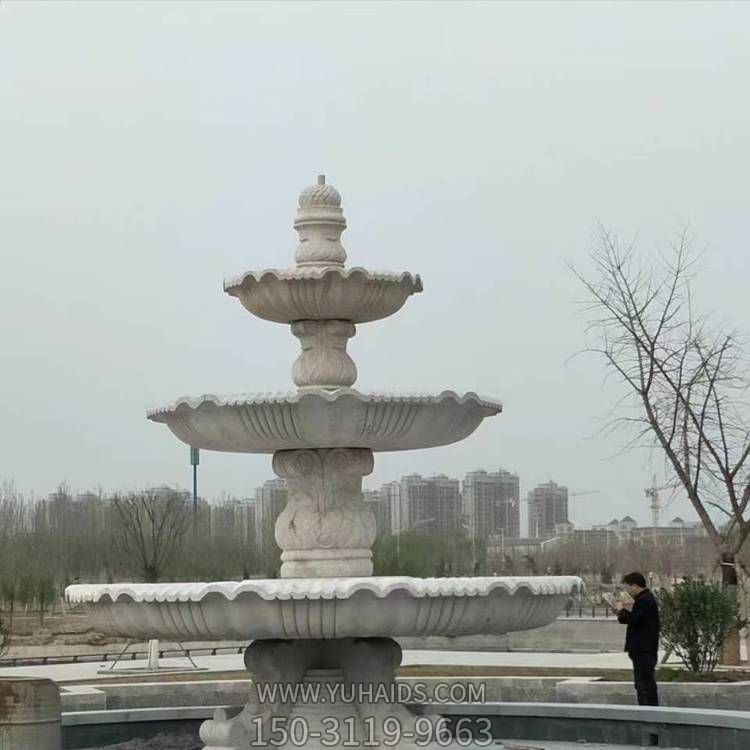 公園水池?cái)[放大型漢白玉雕刻三層流水水缽噴泉雕塑