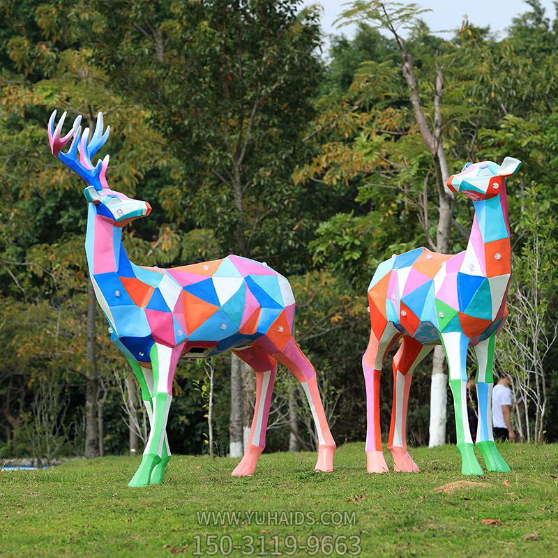 玻璃鋼幾何彩繪公園戶外景觀裝飾品梅花鹿雕塑