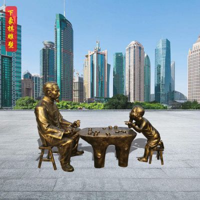 傳統民俗爺孫兩下象棋人物玻璃鋼雕塑 景觀擺件