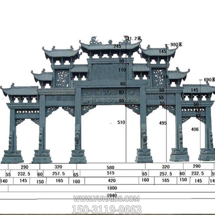 青石浮雕鏤空仿古建筑大型五門牌坊寺院園林石雕雕塑