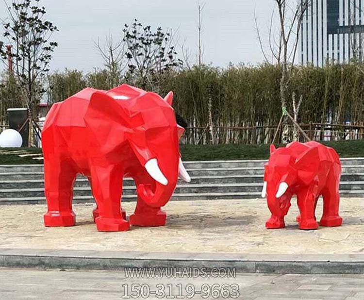 公園景區大象景觀玻璃鋼彩繪紅色幾何大象雕塑