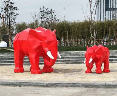 公園景區大象景觀玻璃鋼彩繪紅色幾何大象雕塑