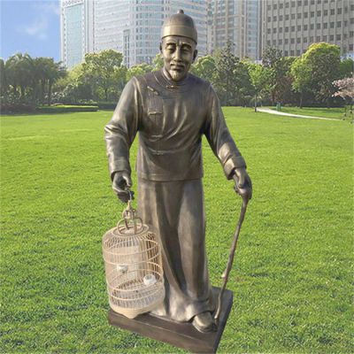 公園擺放玻璃鋼仿銅古人遛鳥民俗雕像